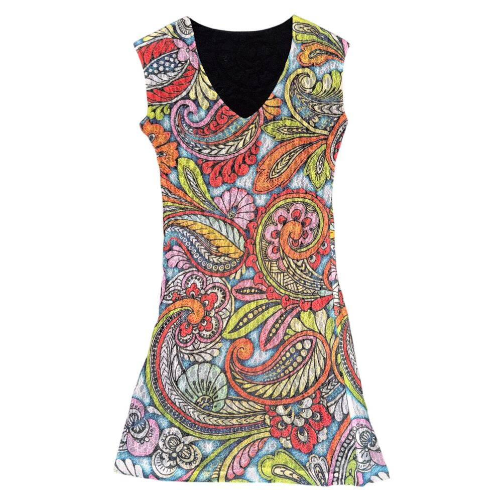 Vintage Psychedelic‎ Paisley Lace Mini Dress Retro 60s 70s Festival Boho Small